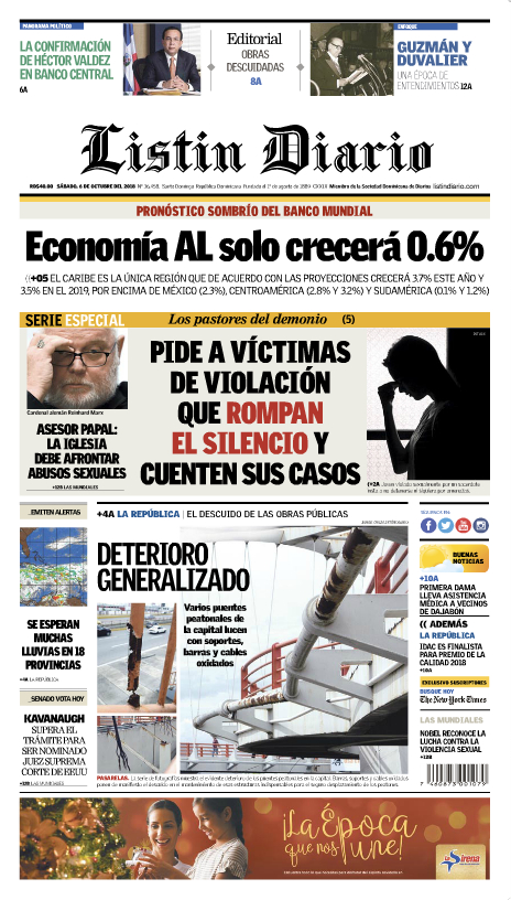 Portada Periódico Listín Diario, Sábado 06 de Octubre 2018