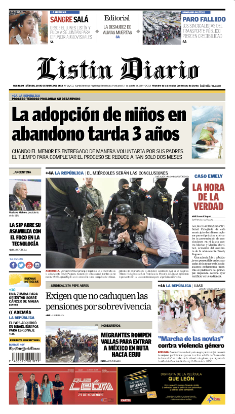 Portada Periódico Listín Diario, Sábado 20 de Octubre 2018
