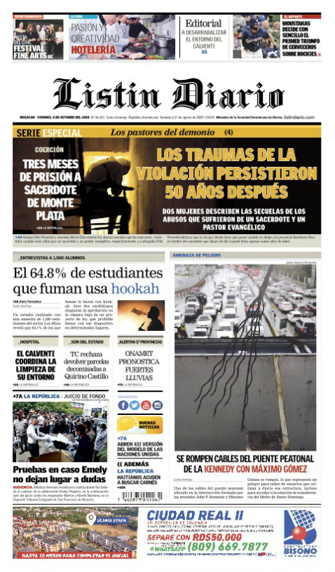 Portada Periódico Listín Diario, Viernes 05 de Octubre 2018