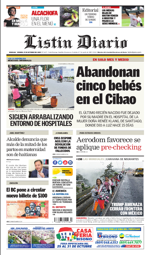 Portada Periódico Listín Diario, Viernes 19 de Octubre 2018