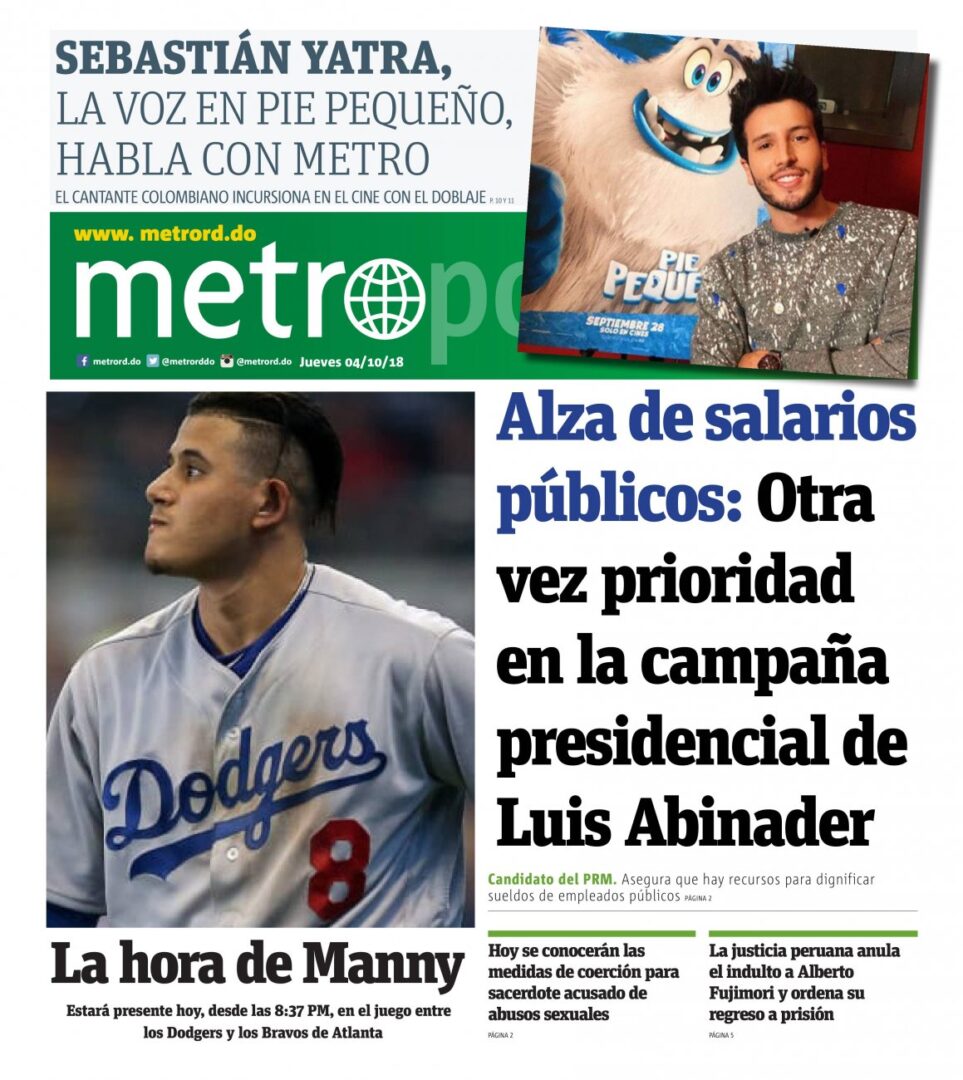 Portada Periódico Metro, Jueves 04 de Octubre 2018