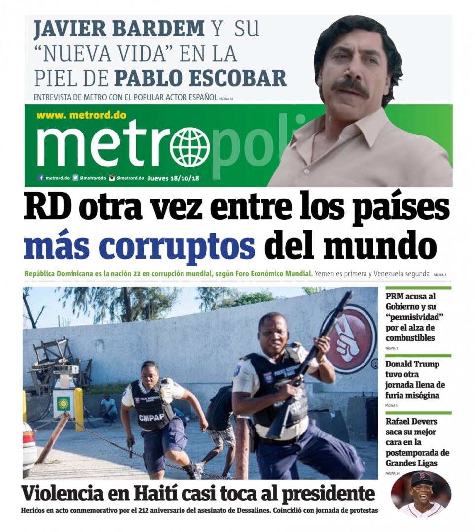 Portada Periódico Metro, Jueves 18 de Octubre 2018