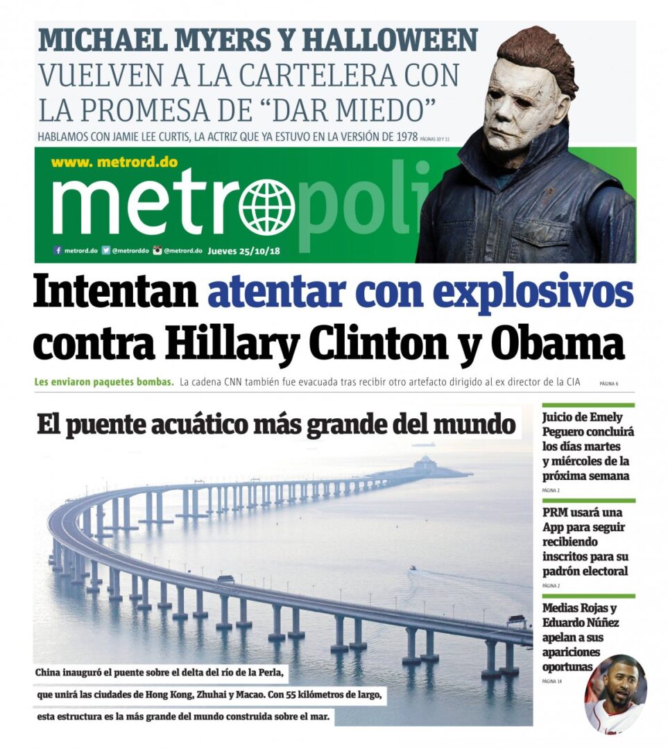 Portada Periódico Metro, Jueves 25 de Octubre 2018
