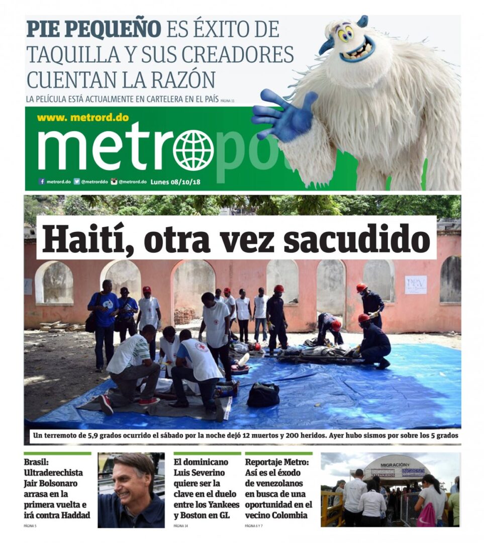 Portada Periódico Metro, Lunes 08 de Octubre 2018