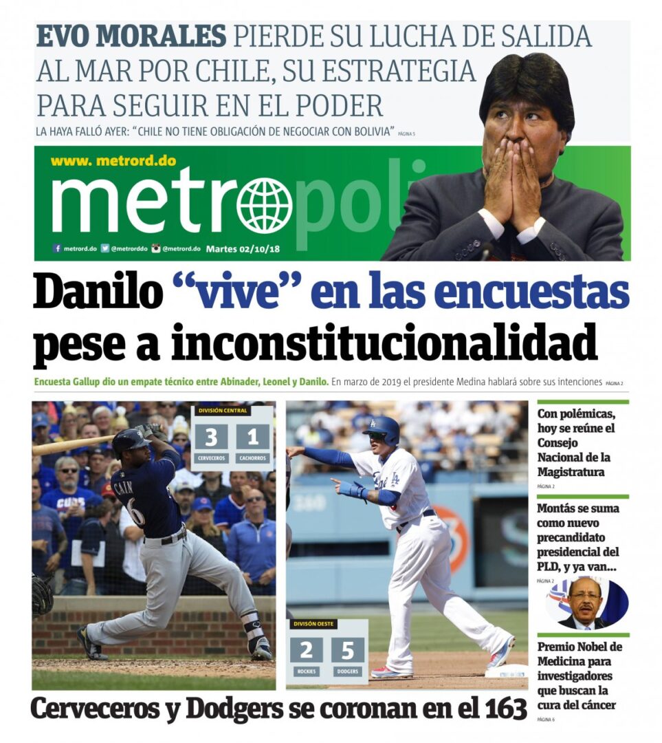 Portada Periódico Metro, Martes 02 de Octubre 2018