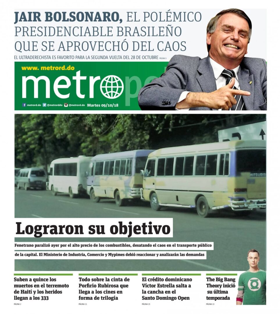 Portada Periódico Metro, Martes 09 de Octubre 2018