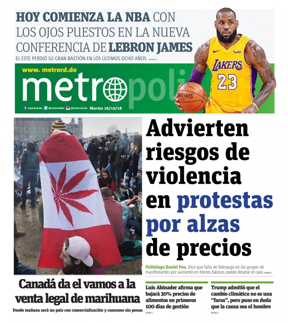 Portada Periódico Metro, Martes 16 de Octubre 2018