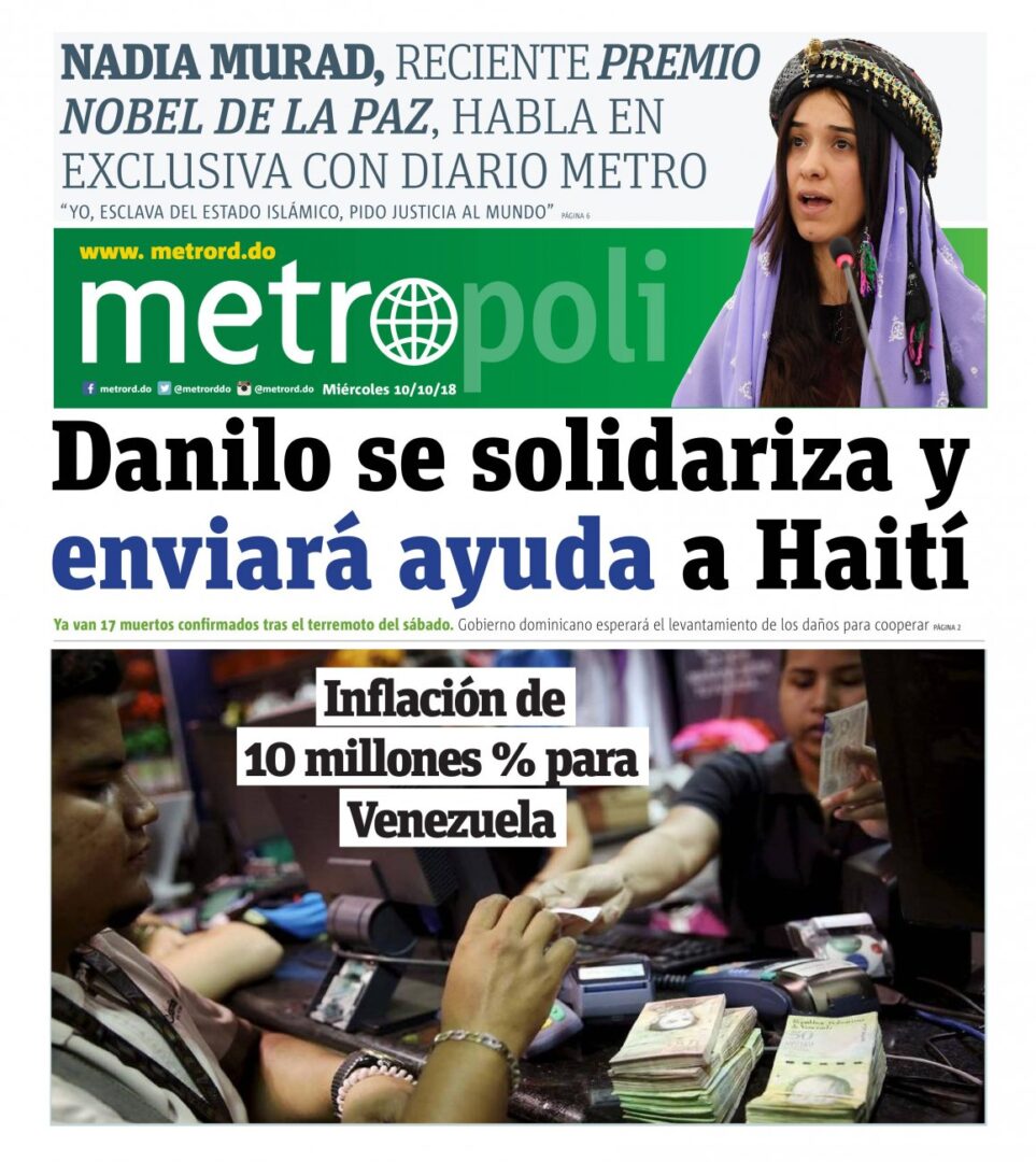Portada Periódico Metro, Miércoles 10 de Octubre 2018
