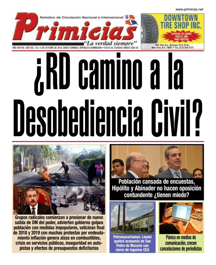 Portada Periódico Primicias, Lunes 08 de Octubre 2018
