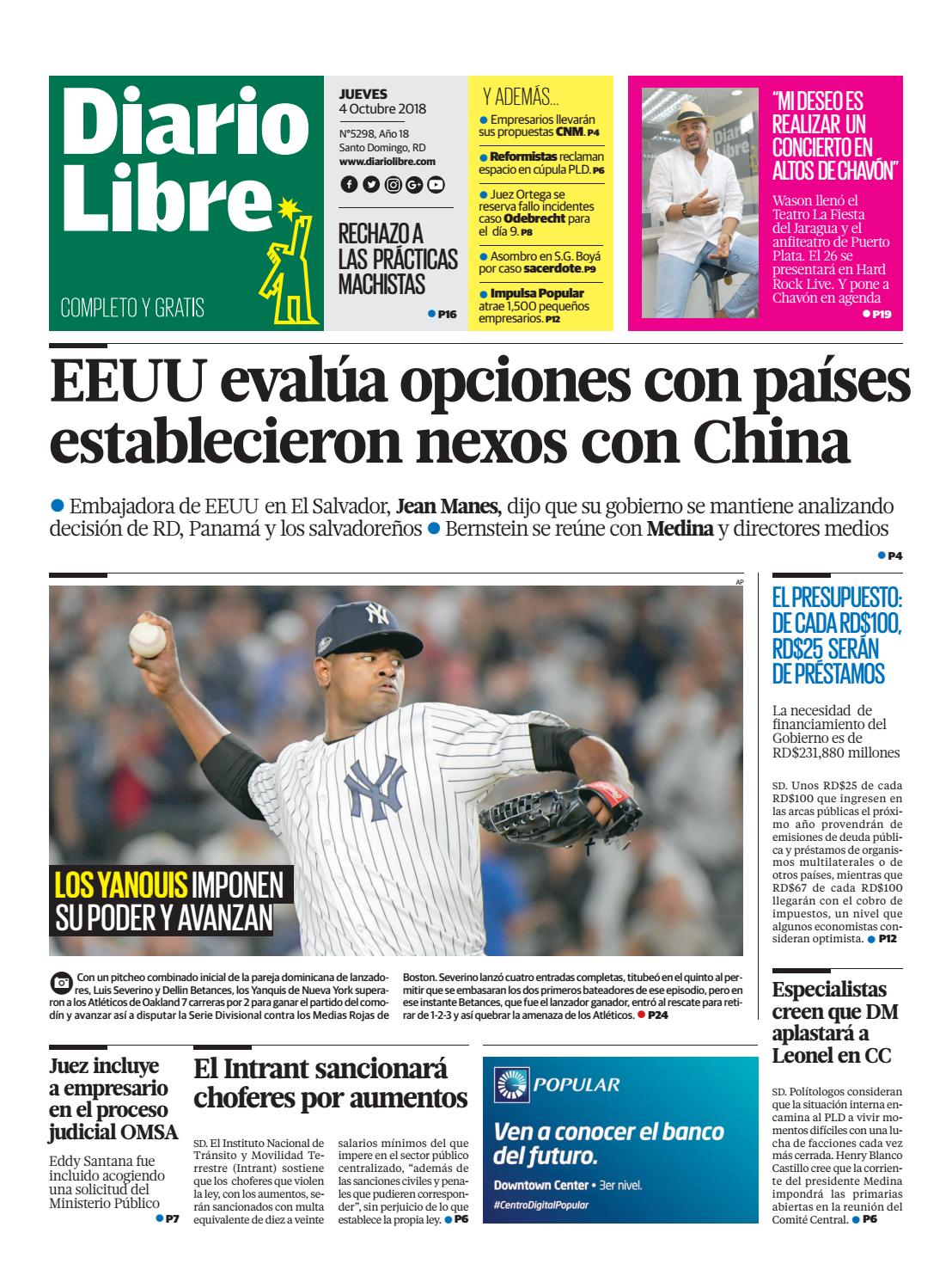 Portada Periódico Diario Libre, Jueves 04 de Octubre 2018