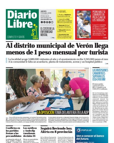 Portada Periódico Diario Libre, Jueves 11 de Octubre 2018
