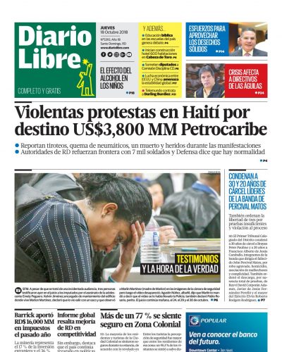 Portada Periódico Diario Libre, Jueves 18 de Octubre 2018