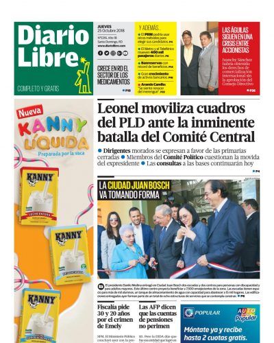Portada Periódico Diario Libre, Jueves 25 de Octubre 2018