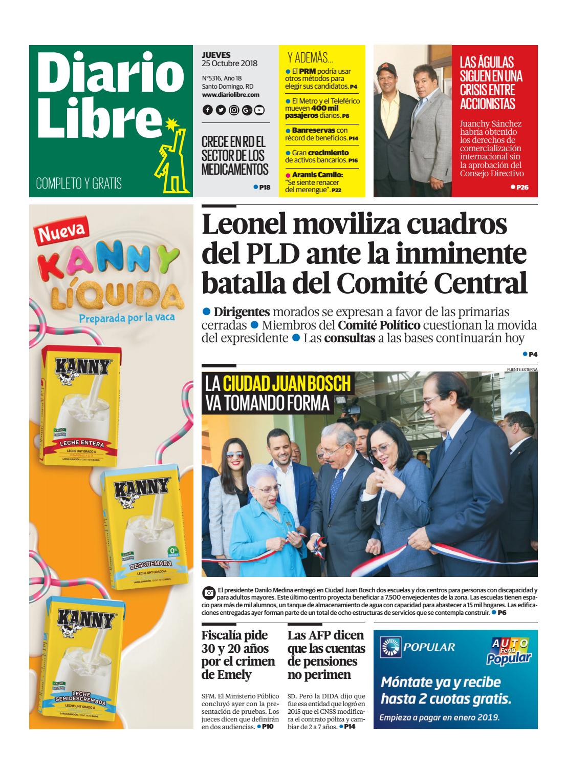 Portada Periódico Diario Libre, Jueves 25 de Octubre 2018