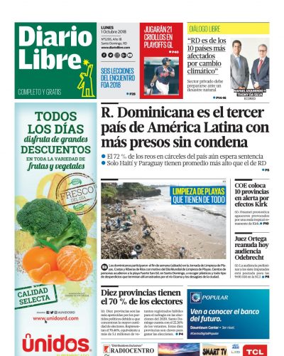 Portada Periódico Diario Libre, Lunes 01 de Octubre 2018