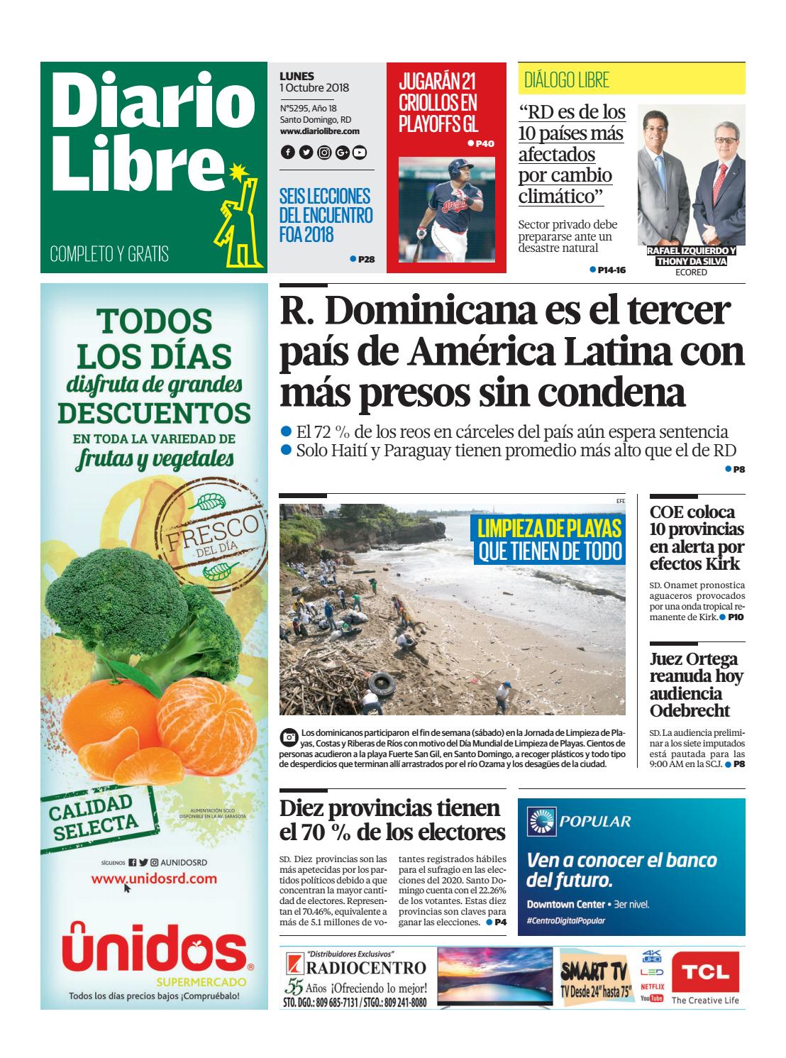Portada Periódico Diario Libre, Lunes 01 de Octubre 2018