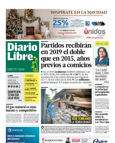 Portada Periódico Diario Libre, Lunes 08 de Octubre 2018