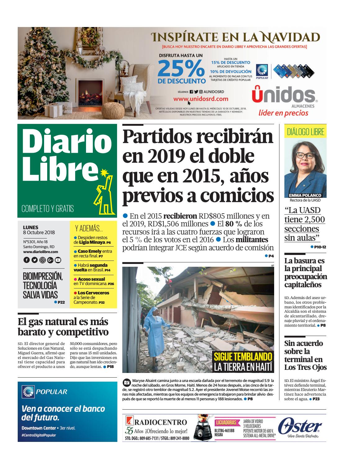 Portada Periódico Diario Libre, Lunes 08 de Octubre 2018