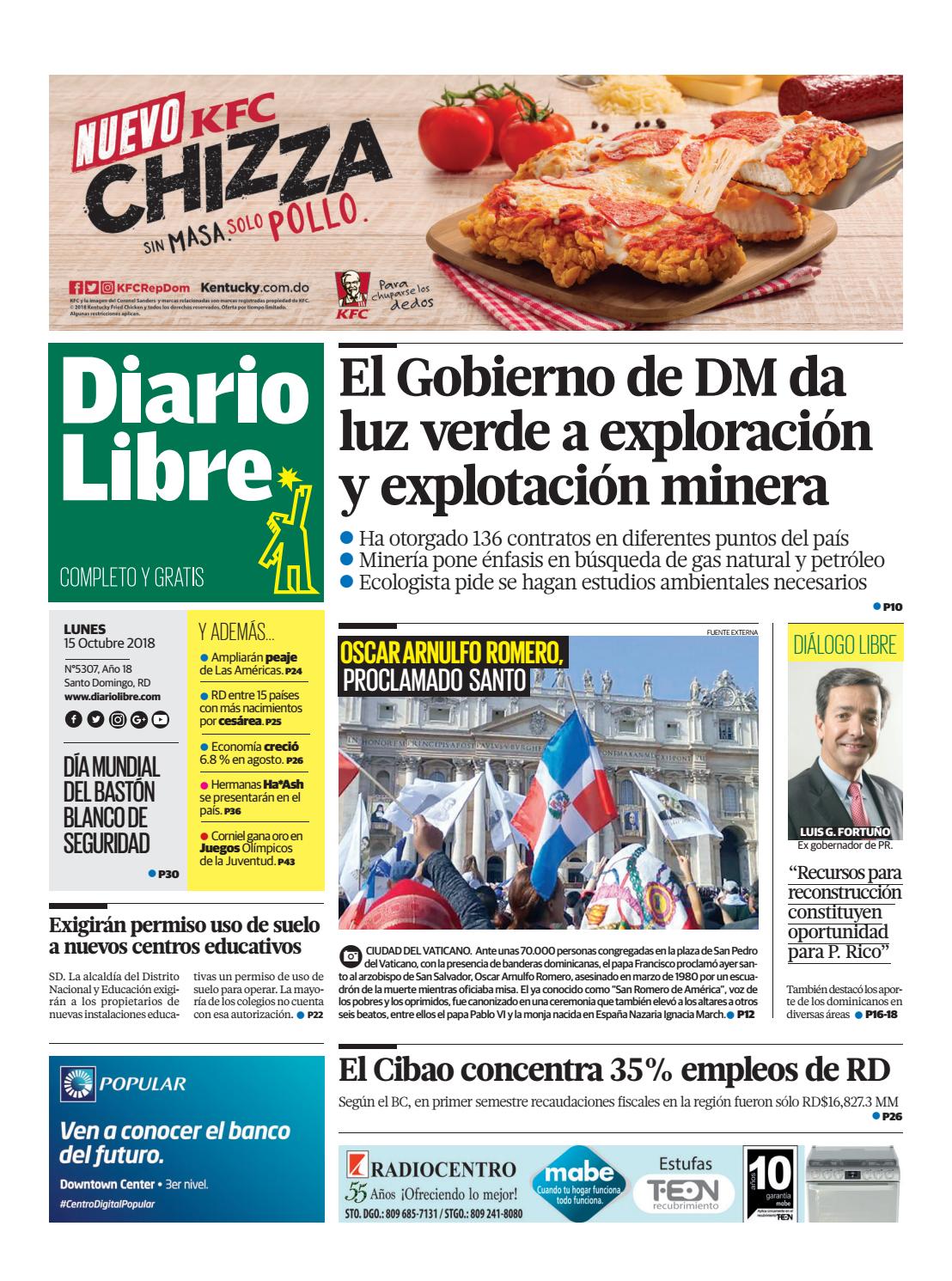 Portada Periódico Diario Libre, Lunes 15 de Octubre 2018