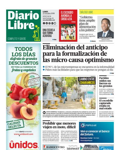 Portada Periódico Diario Libre, Lunes 22 de Octubre 2018