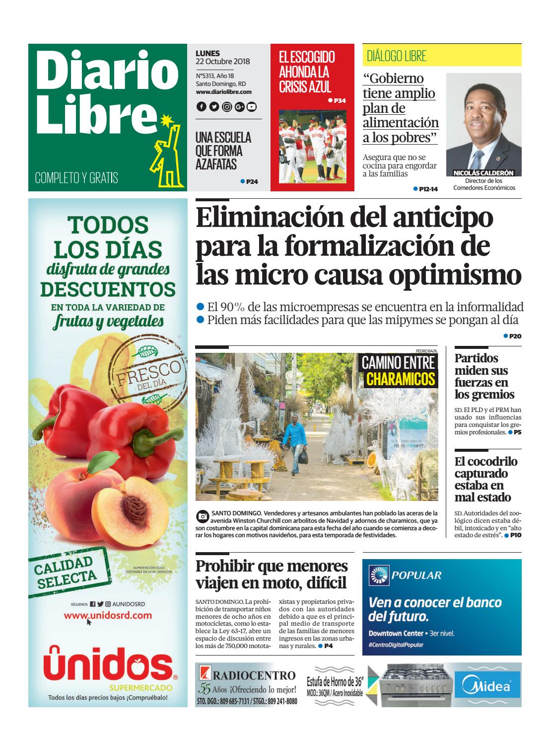 Portada Periódico Diario Libre, Lunes 22 de Octubre 2018