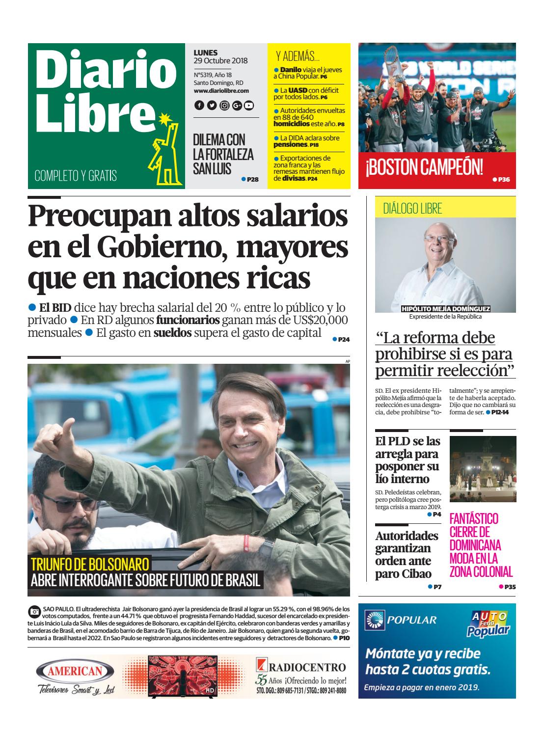 Portada Periódico Diario Libre, Lunes 29 de Octubre 2018