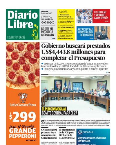 Portada Periódico Diario Libre, Martes 02 de Octubre 2018