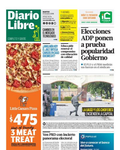 Portada Periódico Diario Libre, Martes 09 de Octubre 2018