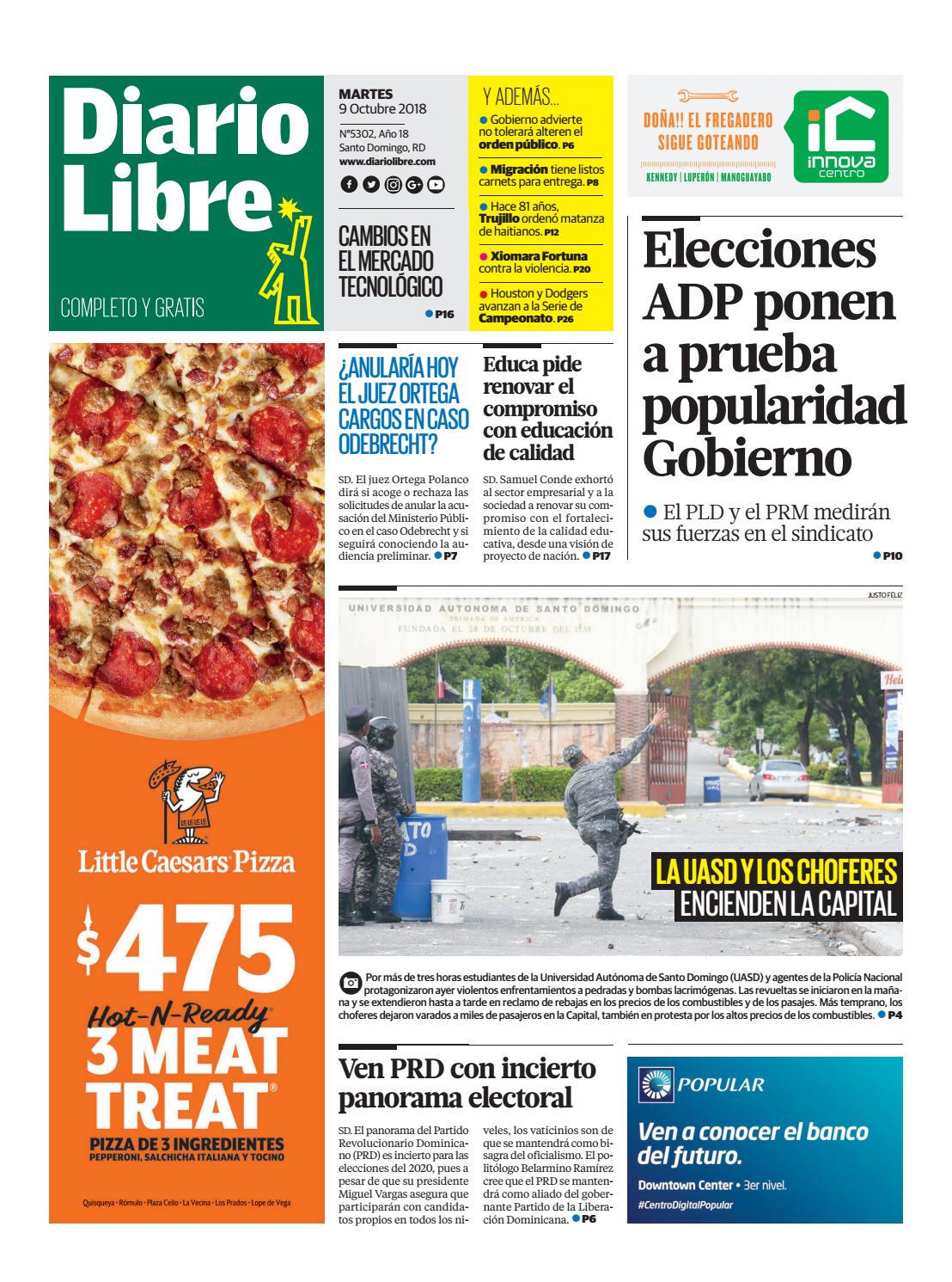 Portada Periódico Diario Libre, Martes 09 de Octubre 2018