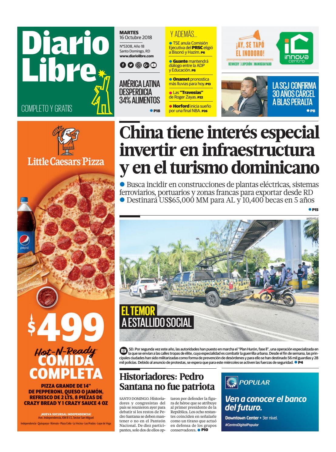 Portada Periódico Diario Libre, Martes 16 de Octubre 2018