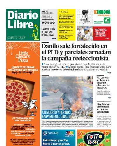 Portada Periódico Diario Libre, Martes 30 de Octubre 2018