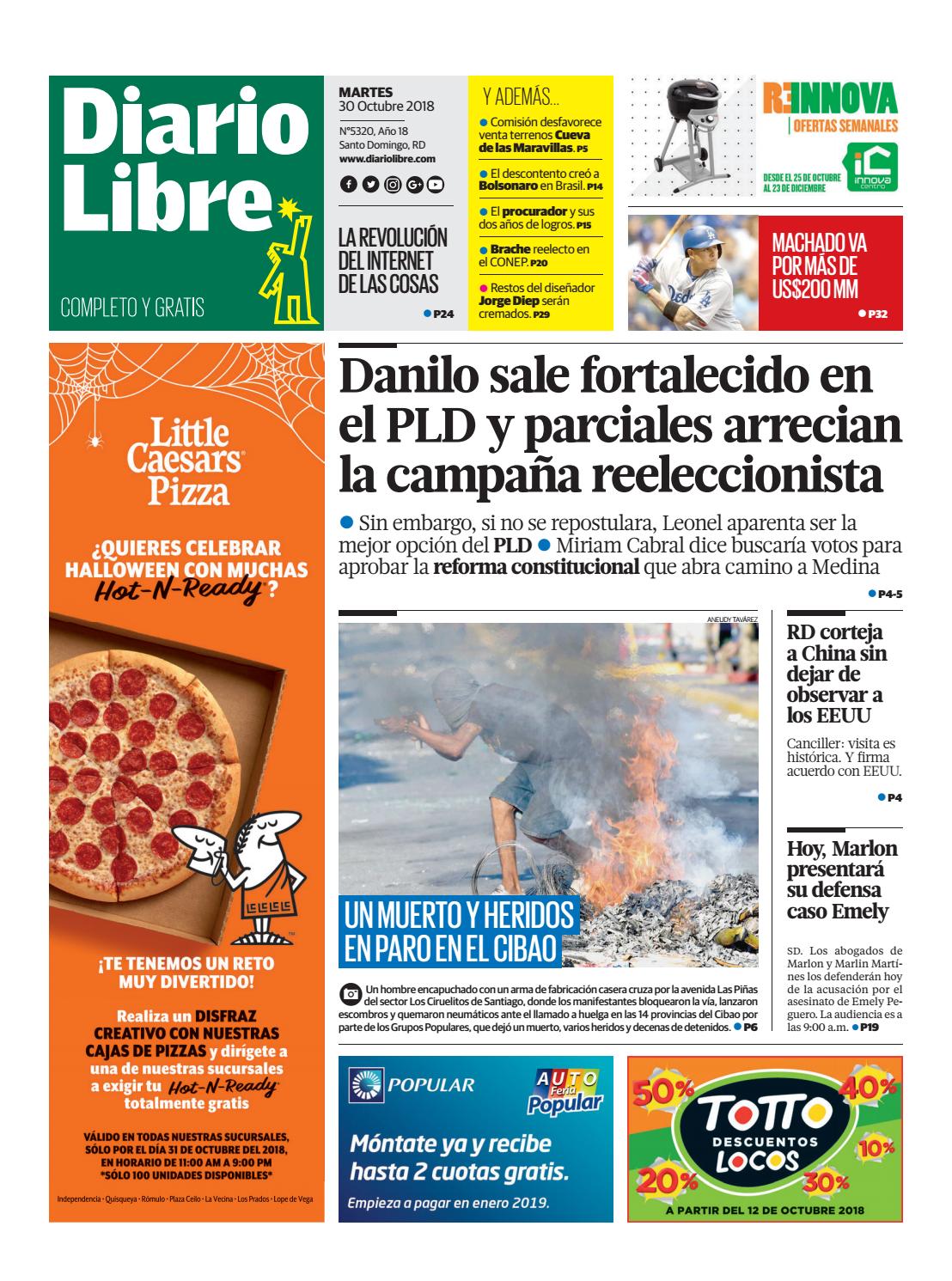 Portada Periódico Diario Libre, Martes 30 de Octubre 2018