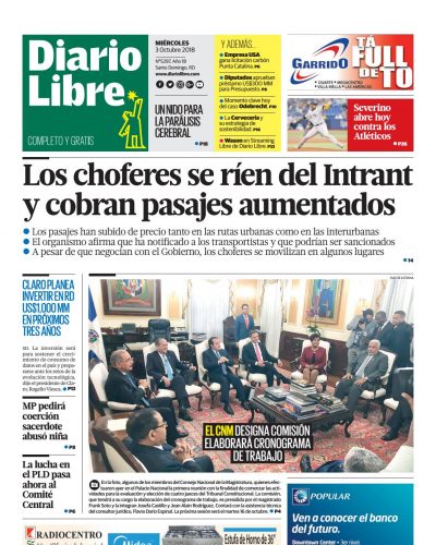Portada Periódico Diario Libre, Miércoles 03 de Octubre 2018