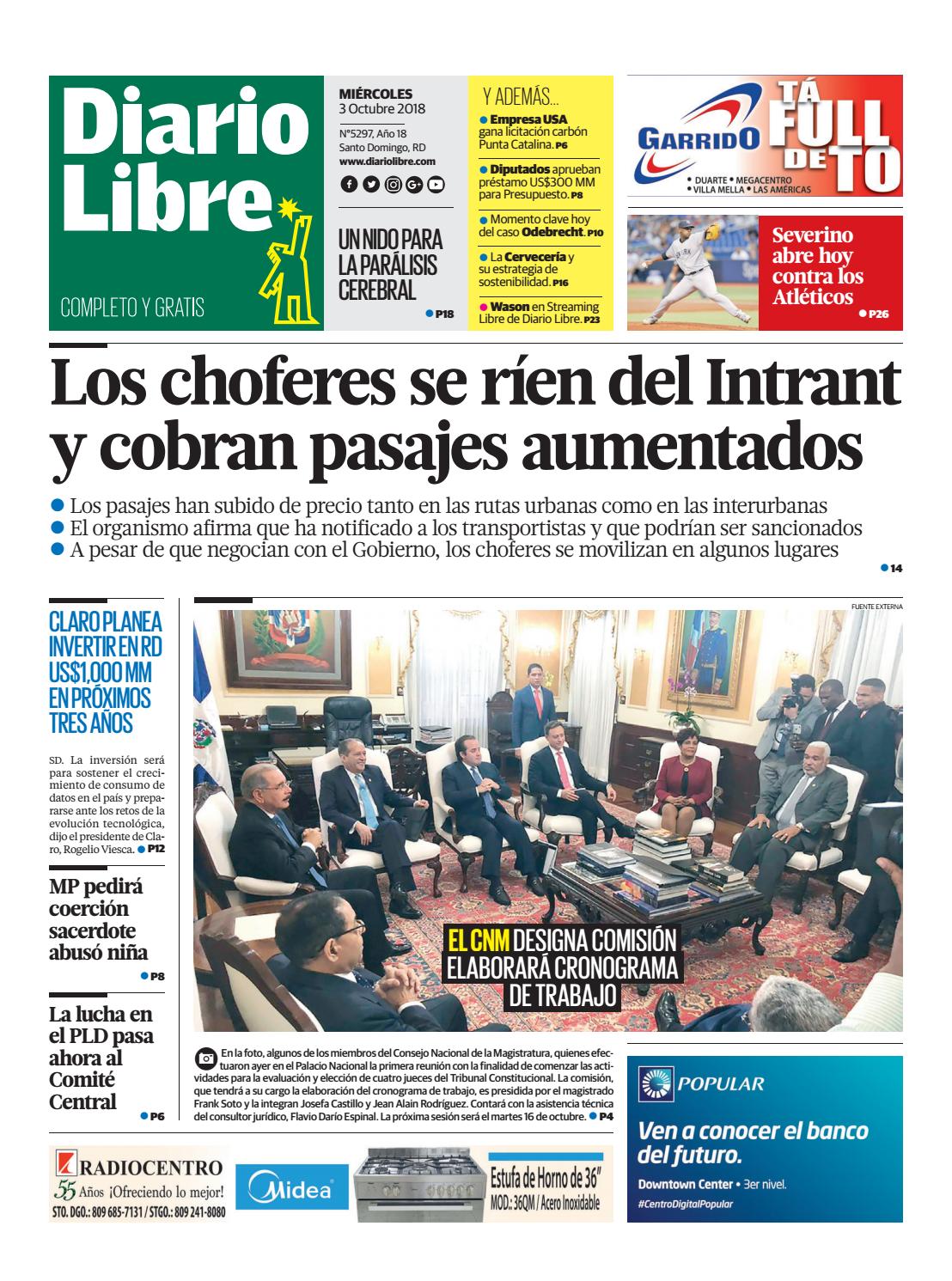 Portada Periódico Diario Libre, Miércoles 03 de Octubre 2018