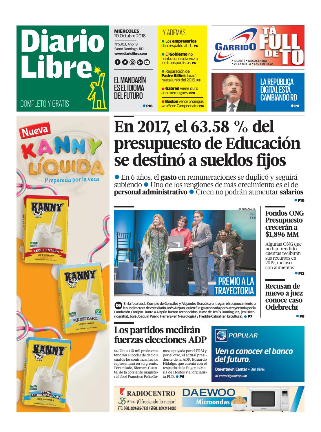 Portada Periódico Diario Libre, Miércoles 10 de Octubre 2018
