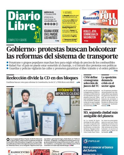 Portada Periódico Diario Libre, Miércoles 17 de Octubre 2018