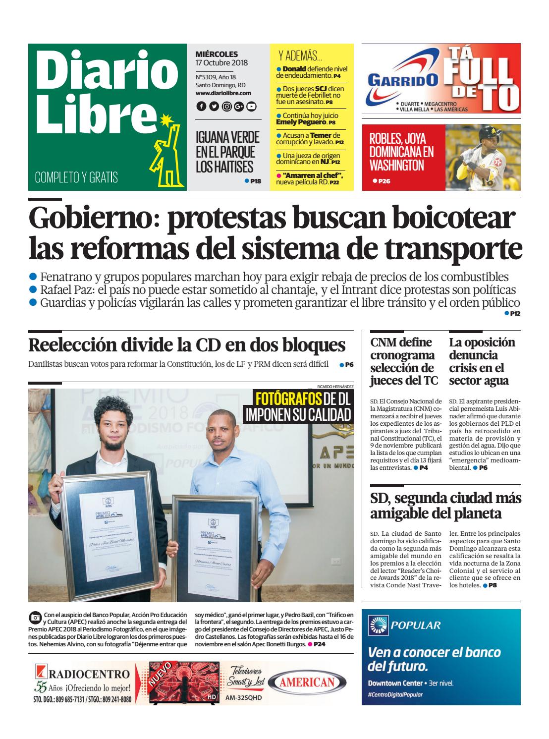 Portada Periódico Diario Libre, Miércoles 17 de Octubre 2018