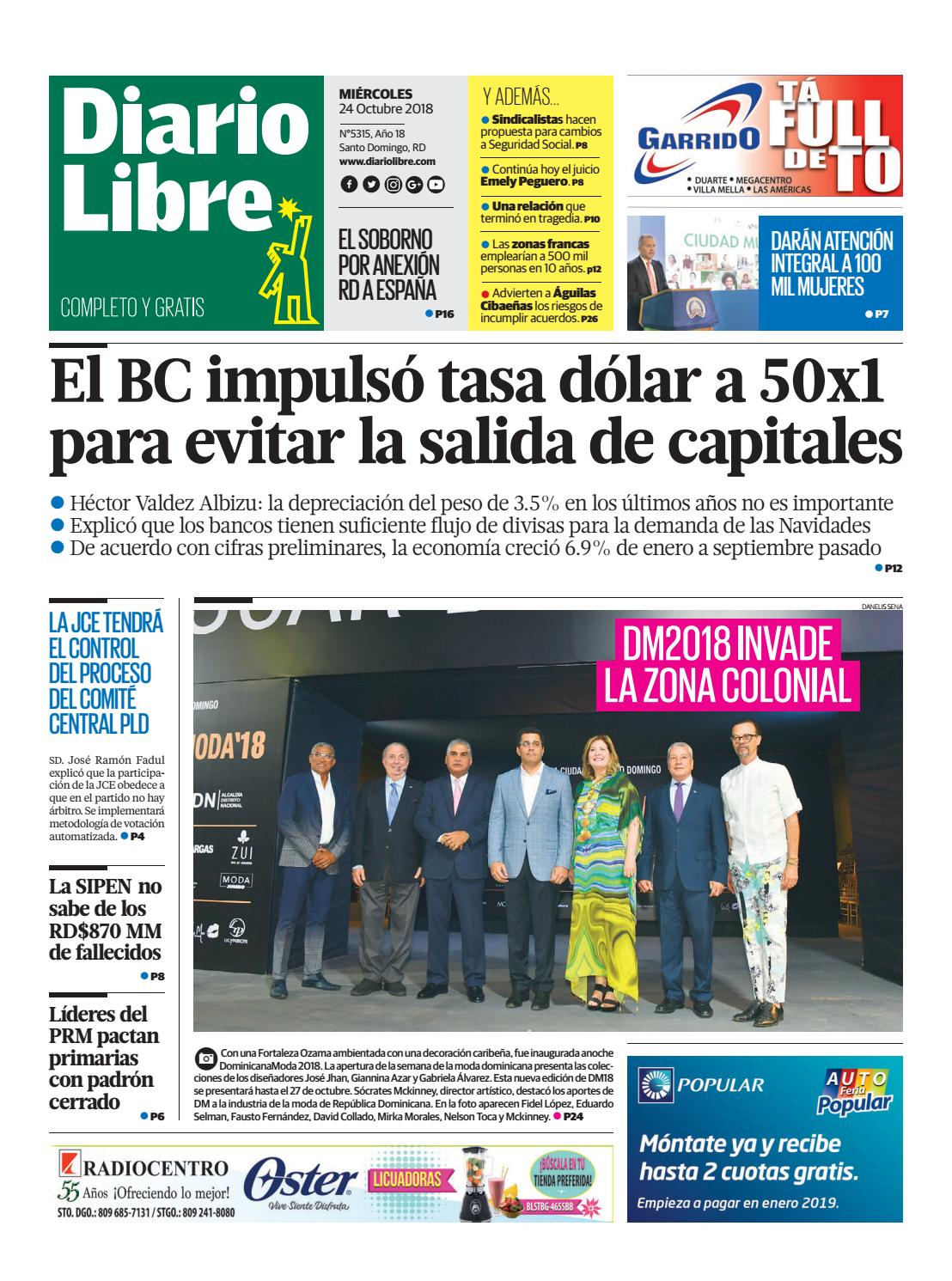 Portada Periódico Diario Libre, Miércoles 24 de Octubre 2018