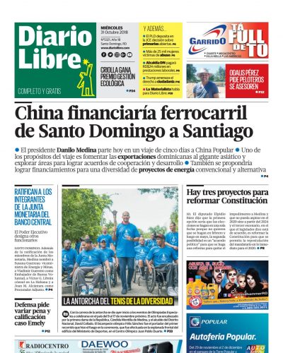 Portada Periódico Diario Libre, Miércoles 31 de Octubre 2018