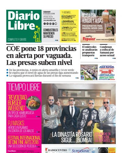 Portada Periódico Diario Libre, Sábado 06 de Octubre 2018