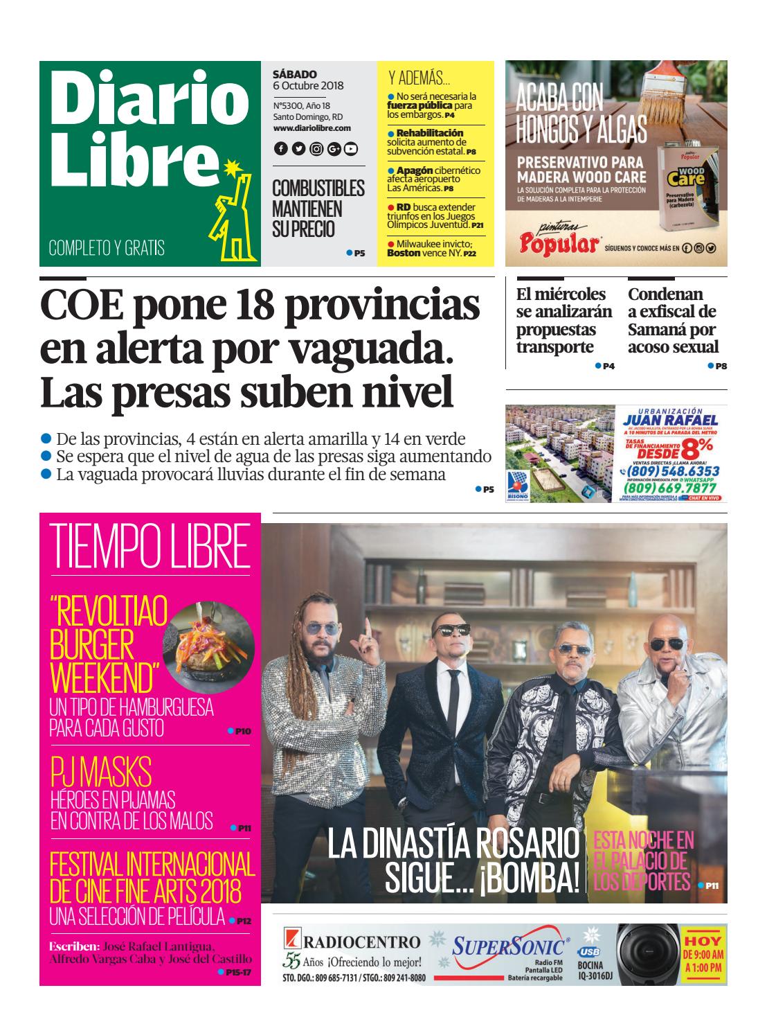 Portada Periódico Diario Libre, Sábado 06 de Octubre 2018