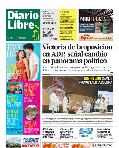 Portada Periódico Diario Libre, Sábado 13 de Octubre 2018