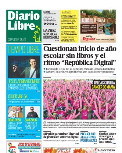 Portada Periódico Diario Libre, Sábado 20 de Octubre 2018