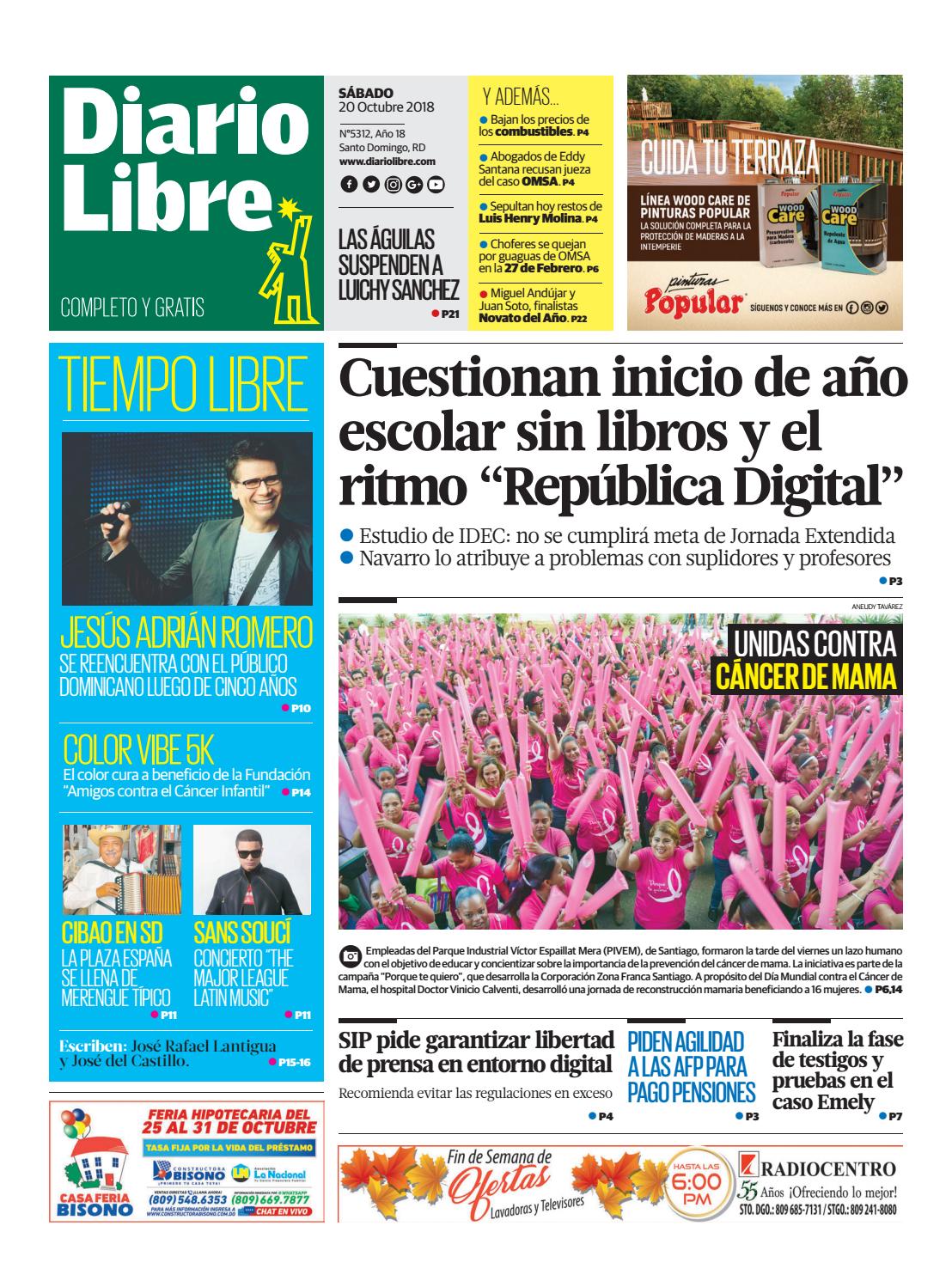 Portada Periódico Diario Libre, Sábado 20 de Octubre 2018