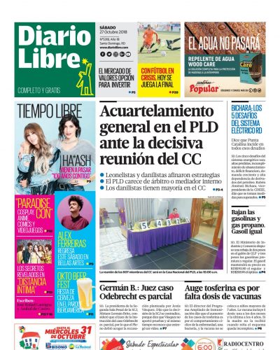 Portada Periódico Diario Libre, Sábado 27 de Octubre 2018