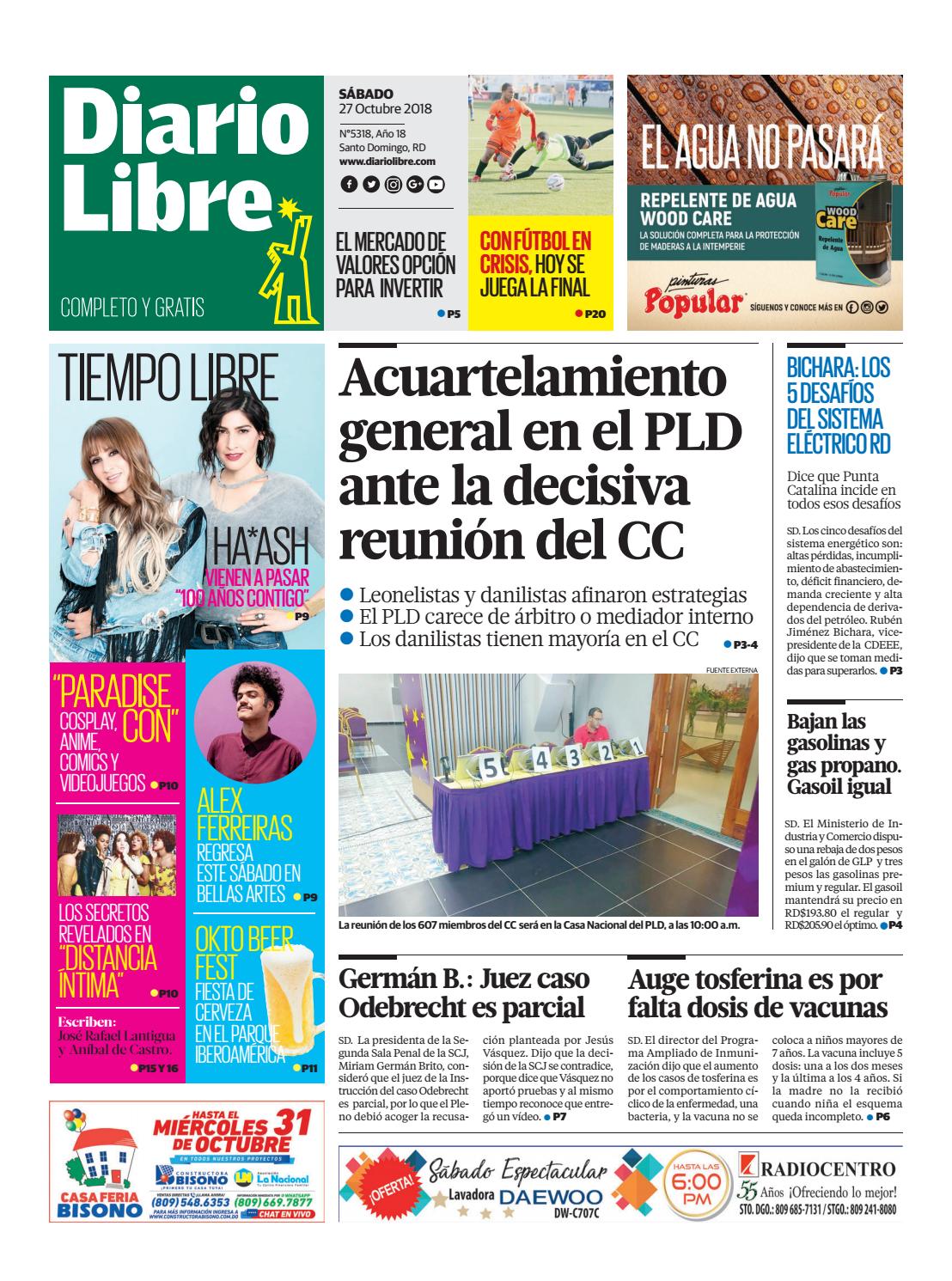 Portada Periódico Diario Libre, Sábado 27 de Octubre 2018