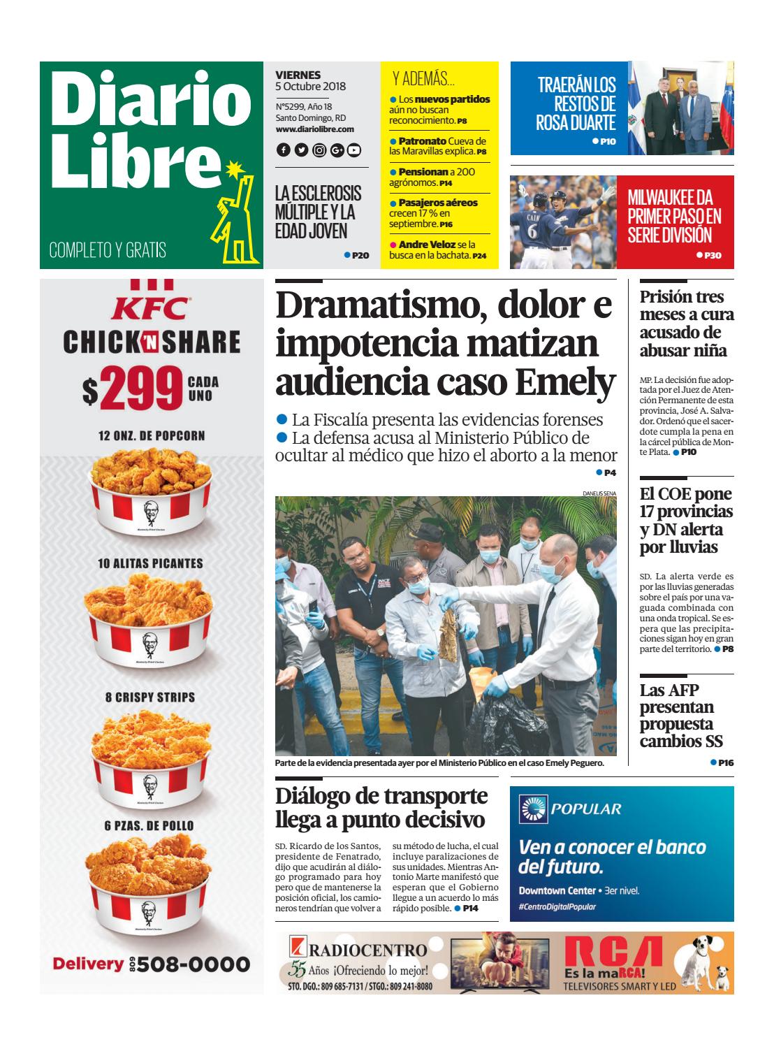 Portada Periódico Diario Libre, Viernes 05 de Octubre 2018