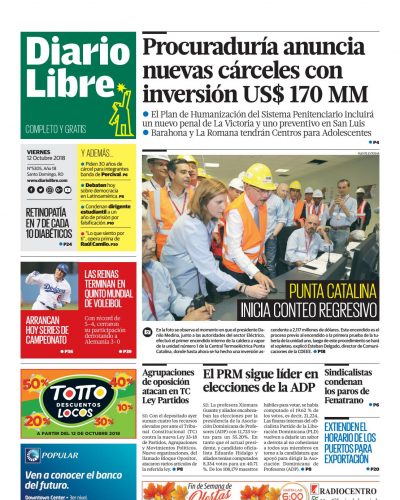 Portada Periódico Diario Libre, Viernes 12 de Octubre 2018