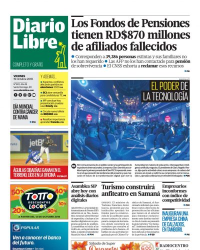 Portada Periódico Diario Libre, Viernes 19 de Octubre 2018