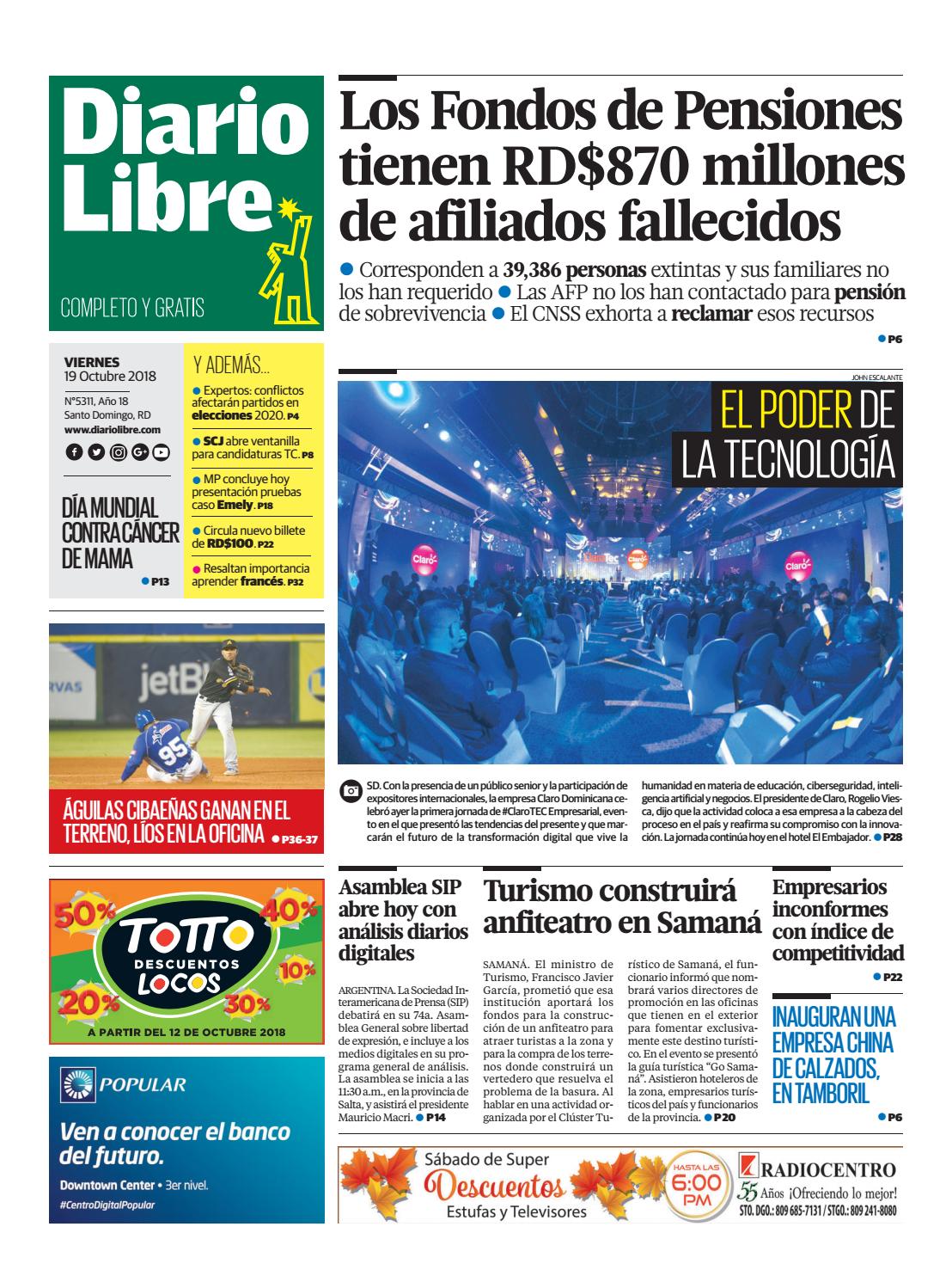 Portada Periódico Diario Libre, Viernes 19 de Octubre 2018
